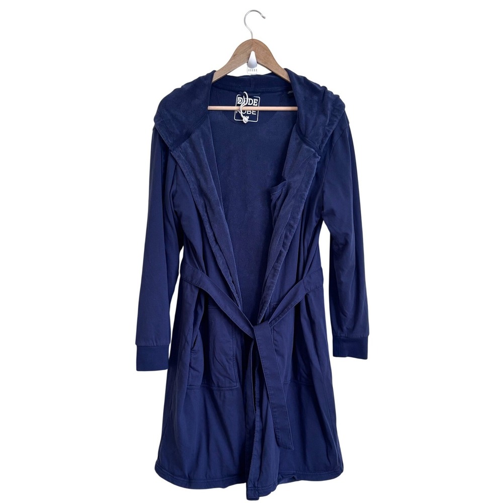 Dude Robe Mens Hooded Lounge Bathrobe Size S/M Navy Tie Closure Pockets - Picture 1 of 9